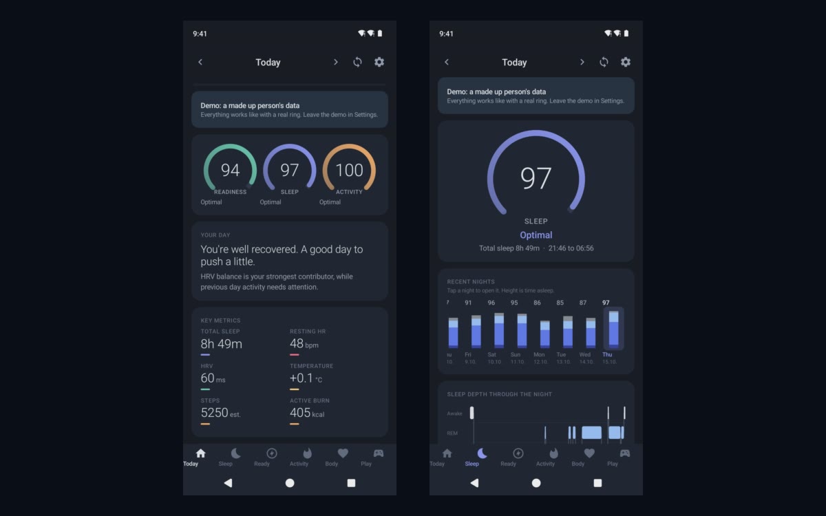 Open Ring app: today overview and sleep score